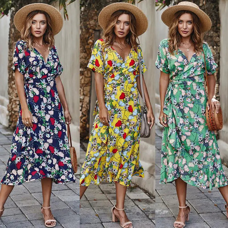 Women's Summer V-Neck Floral Beach Dress