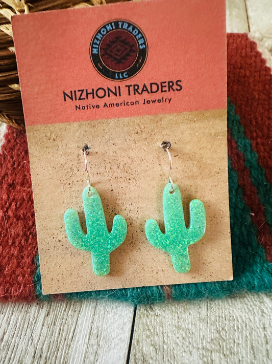 Handcrafted Sterling Silver & Opal Cactus Dangle Earrings