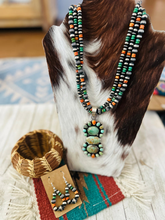 Handcrafted Vintage Old Pawn Turquoise, Spiny & Sterling Silver Beaded Necklace and Earring Set