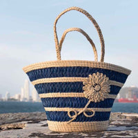 Blue Flower "Trapezoid" Straw Artisan Tote