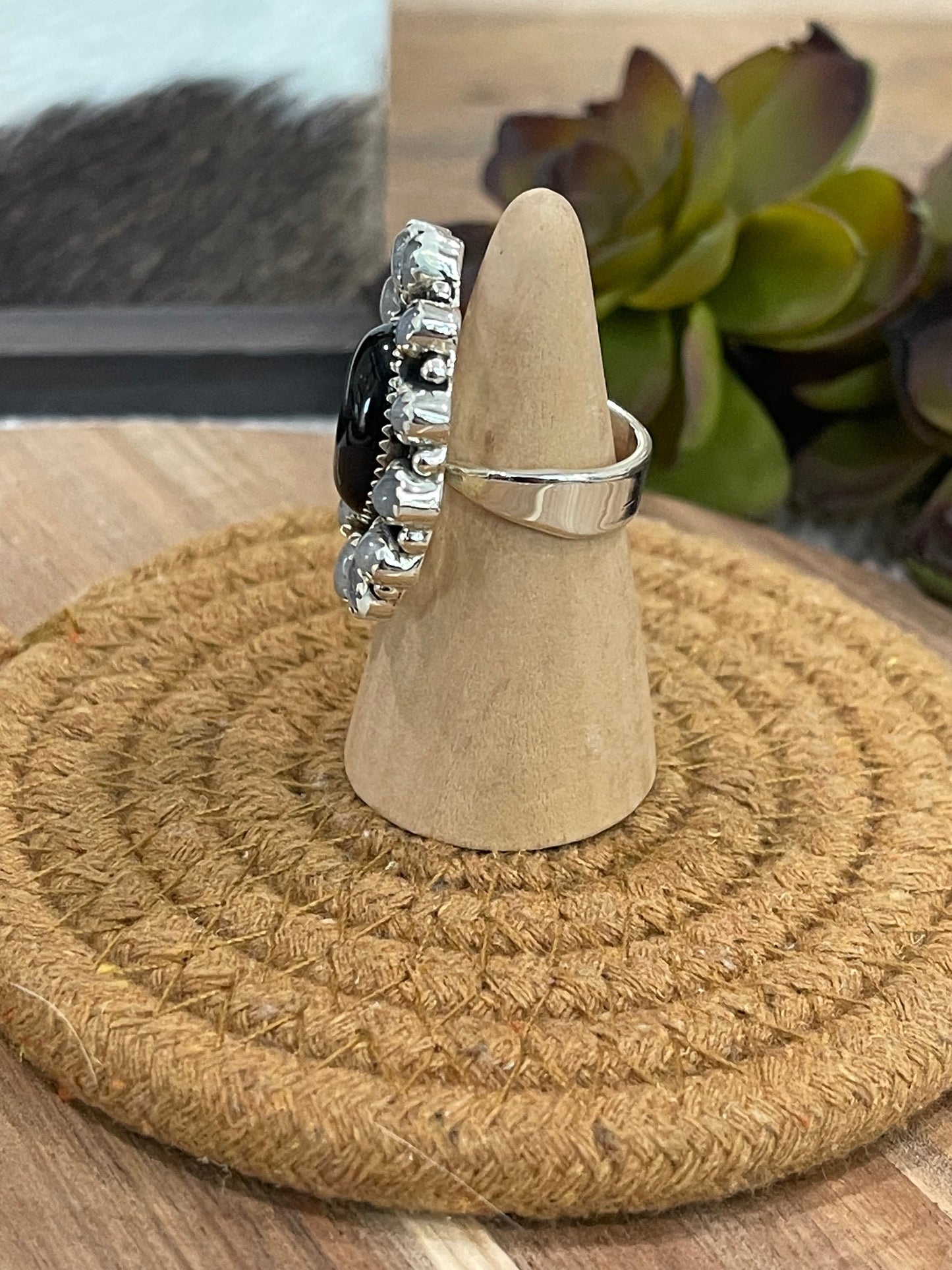 Handmade Sterling Silver, Onyx & Moonstone Cluster Adjustable Ring