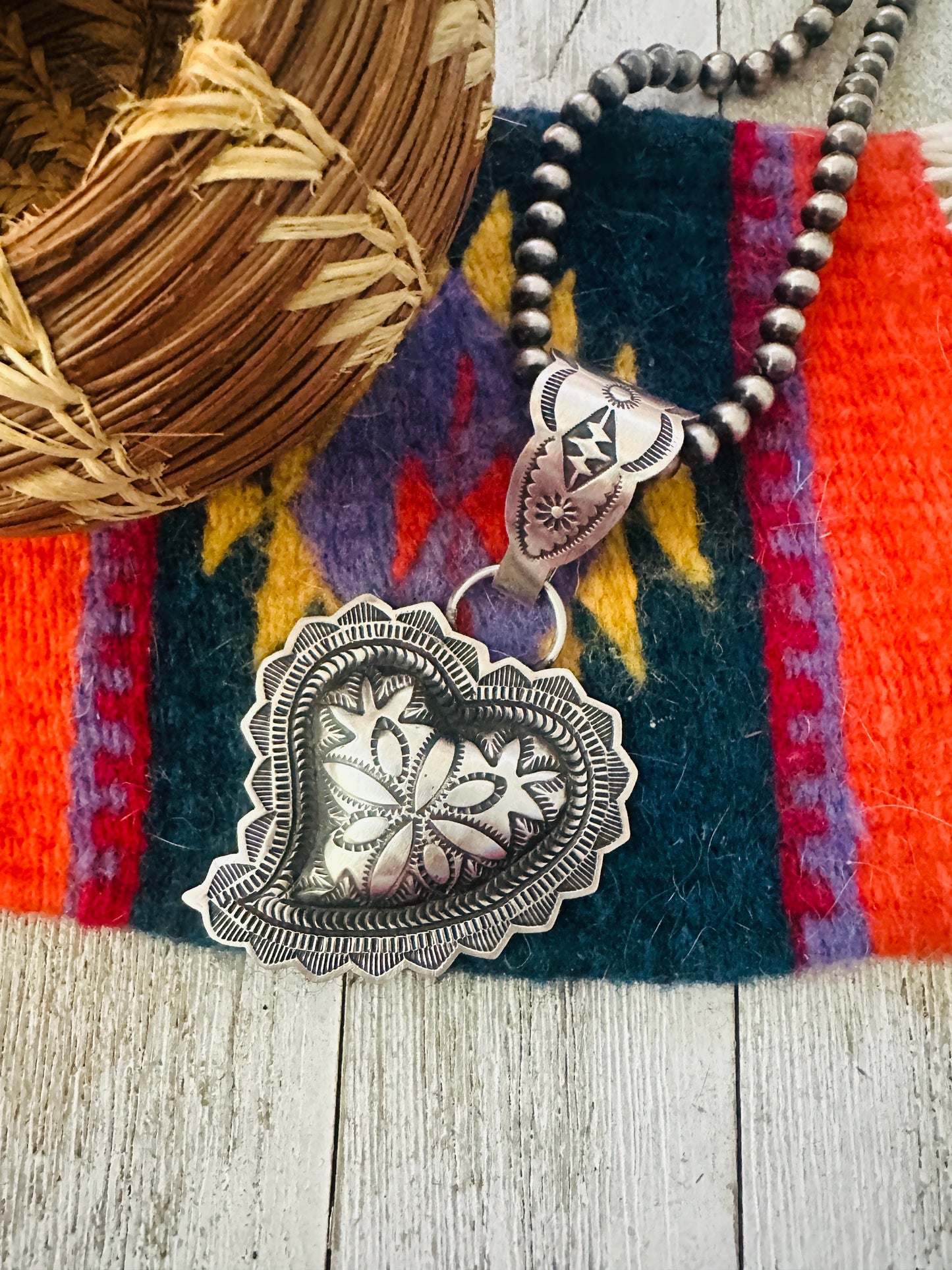 Handcrafted Sterling Silver Heart Concho Pendant by Leander Tahe