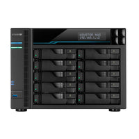 ASUSTOR AS7110T 10-bay NAS device with multiple Ethernet and USB ports shown from front angle