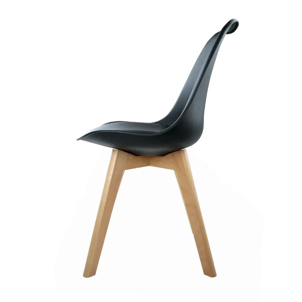 Back view of a black dining chair with padded seat and gently curved backrest.