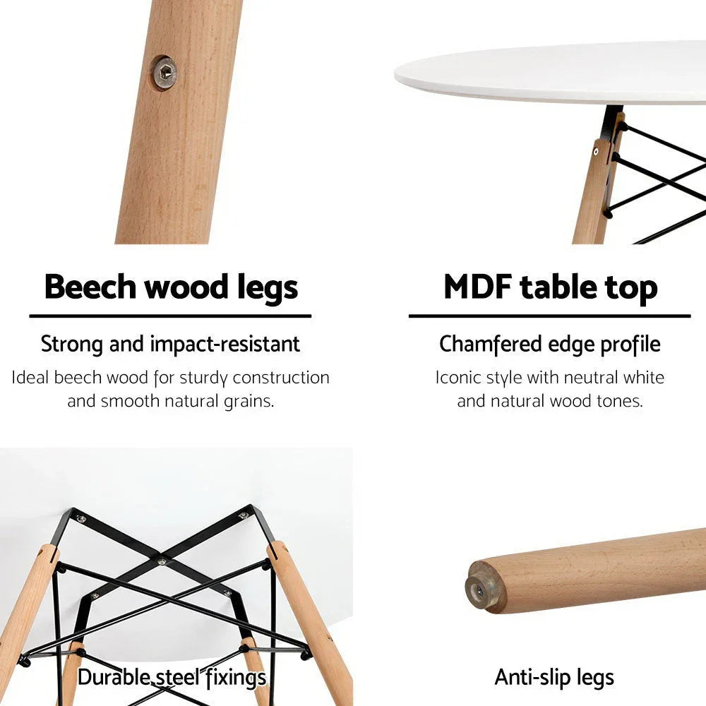 Top view of white round dining table highlighting smooth surface and edge