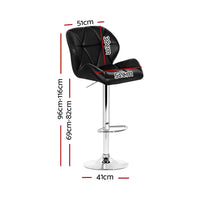Black kitchen bar stool with cushioned seat and chrome base on a white background, showing adjustable height lever