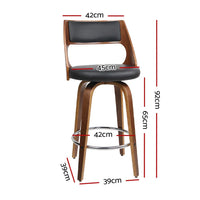 Side view of two black bar stools featuring curved backrests and chrome footrests.