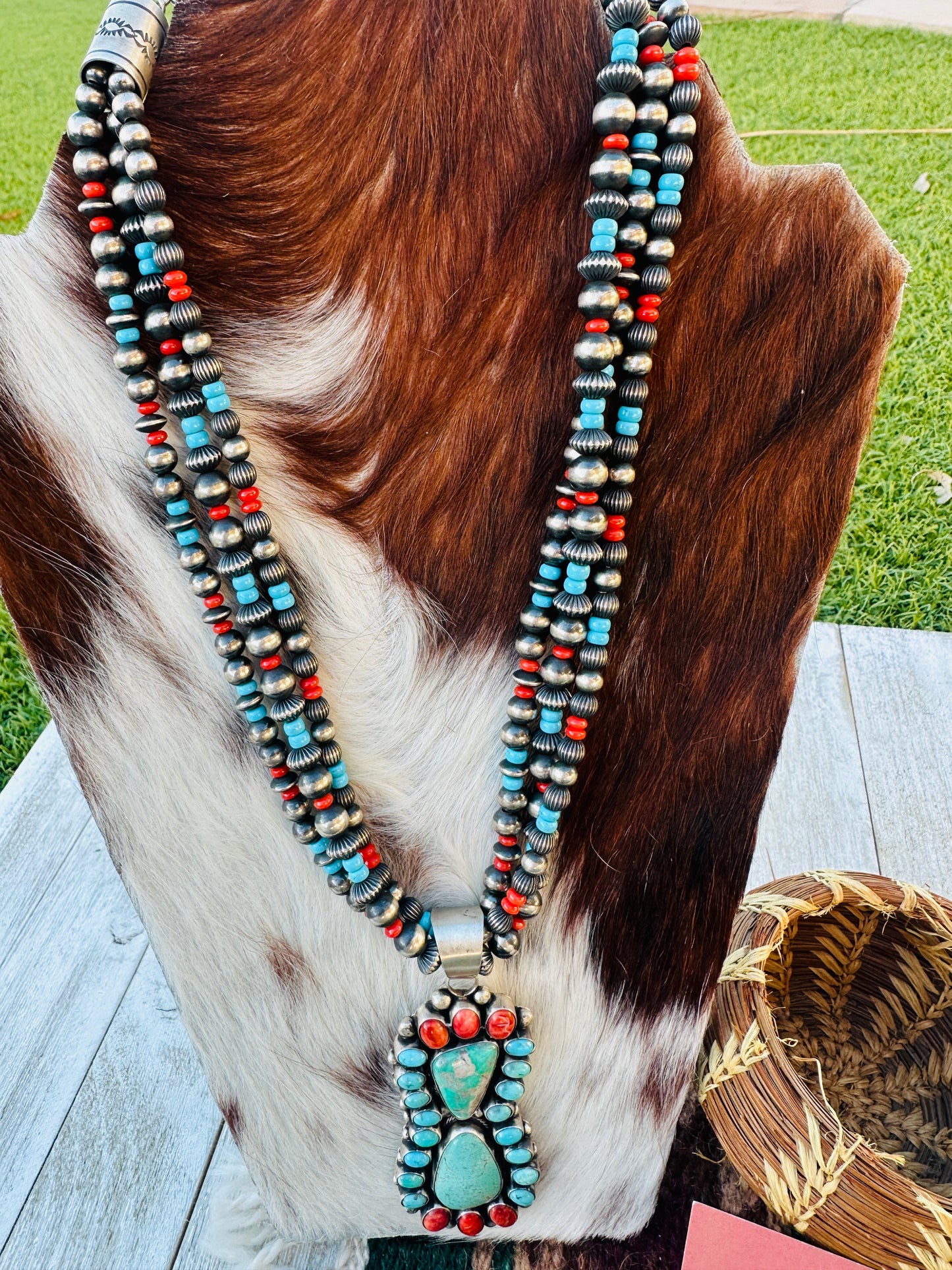 Handcrafted Vintage Old Pawn Turquoise, Spiny & Sterling Silver Beaded Necklace and Earring Set