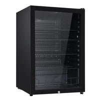 Front view of Devanti 115L bar fridge with glass door, showing illuminated interior and bottled beverages inside.