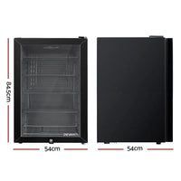 Side angle of Devanti bar fridge highlighting its sleek black finish and sturdy handle design.
