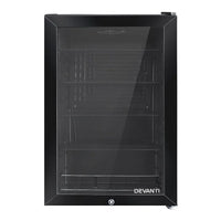 Open Devanti mini freezer fridge revealing adjustable shelves filled with drinks and snacks.