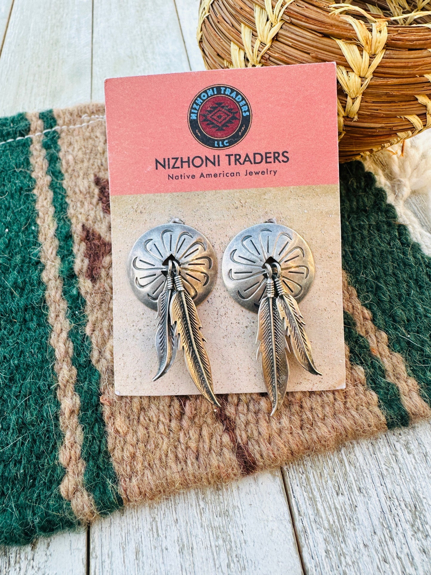 Handcrafted Old Pawn Sterling Silver Feather Concho Dangle Earrings