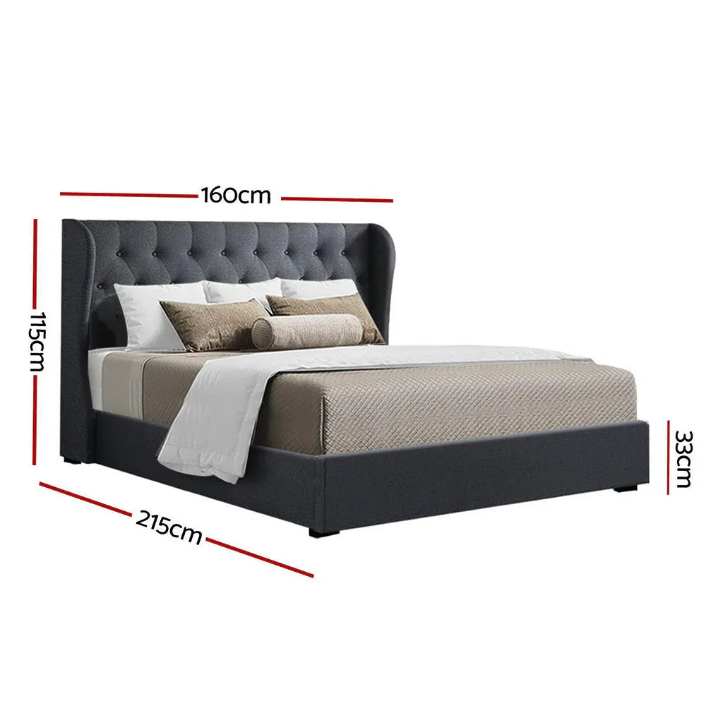 Side angle of charcoal fabric bed frame showing smooth fabric and sturdy structure in modern room.