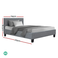 Side view of grey faux linen bed frame showing curved padded headboard and wooden slat base.