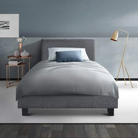 Modern grey fabric king single bed frame with plush headrest perfect for relaxing in bed.