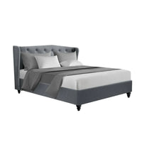 Front view of Artiss Pier double bed frame in grey fabric with winged upholstered headboard.