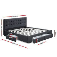 Close-up of tufted charcoal fabric headboard of Avio double bed frame.