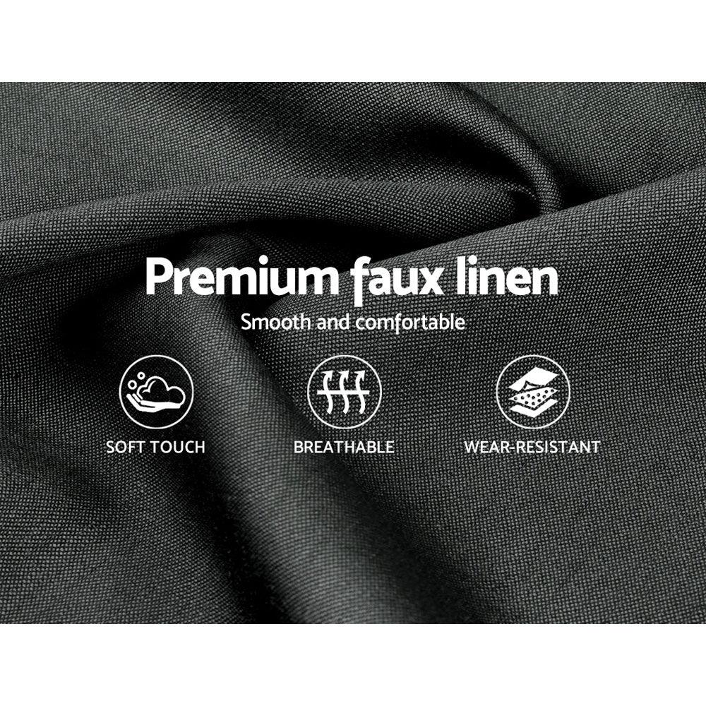 Close-up of premium faux linen fabric texture on charcoal bed frame.