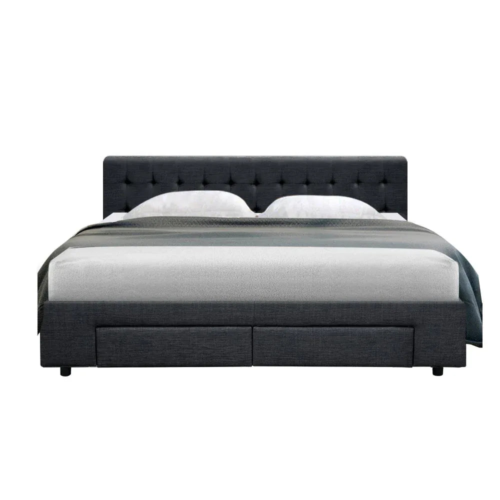 Artiss Avio bed frame legs and frame details highlighting sturdy steel construction and charcoal fabric upholstery.