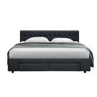 Artiss Avio bed frame legs and frame details highlighting sturdy steel construction and charcoal fabric upholstery.