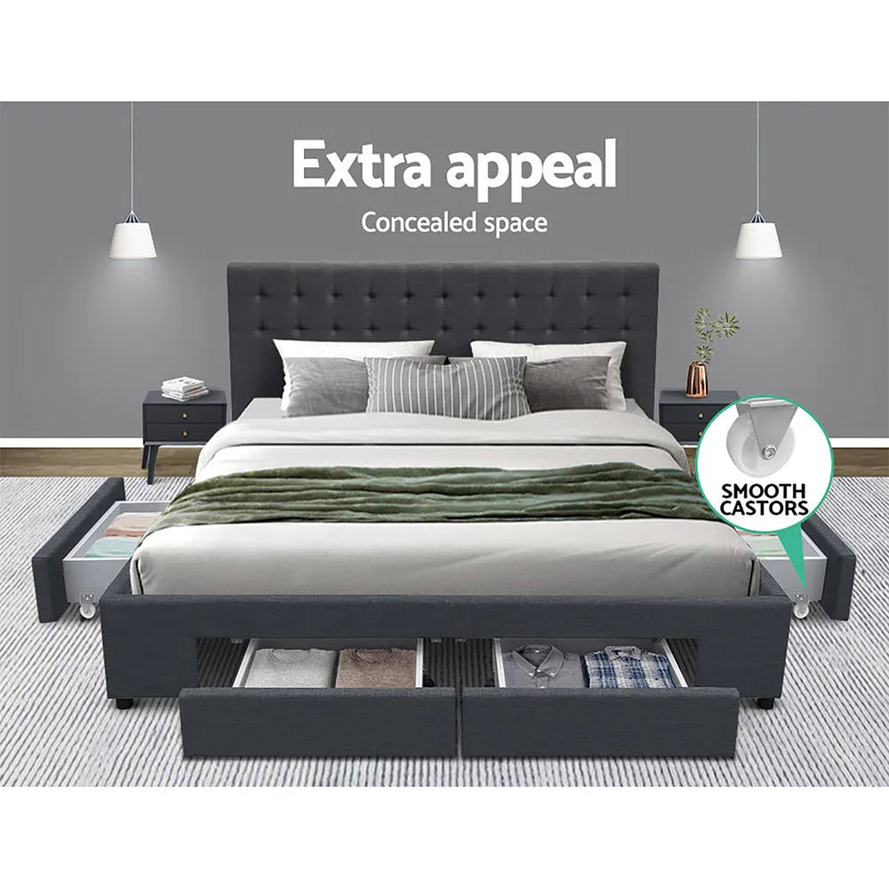 Open fabric storage drawer beneath king-size Artiss Avio bed frame with smooth sliding mechanism demonstration.
