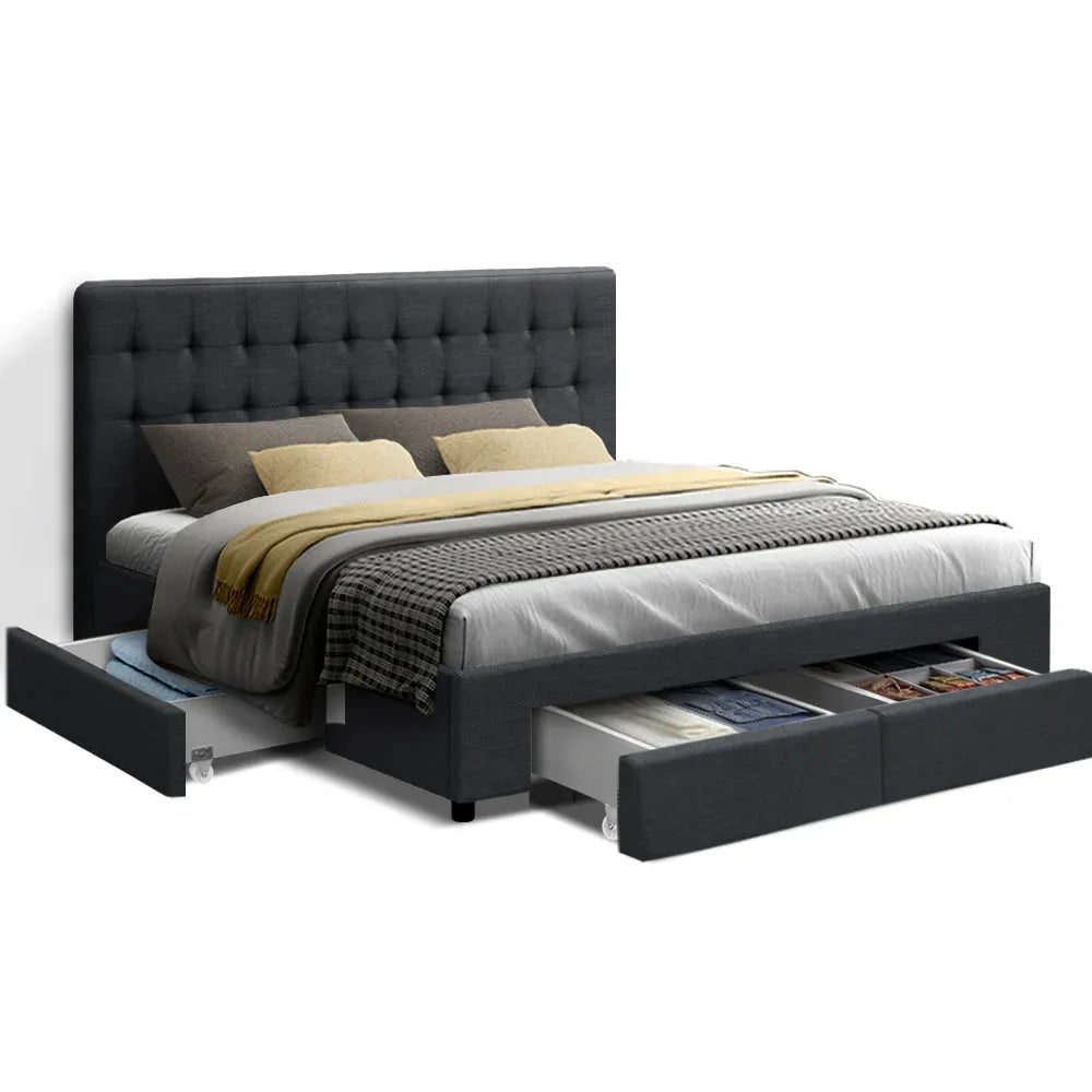 Side view of Avio fabric bed frame in charcoal showing wooden slat base and storage drawers