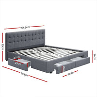 Close-up of grey fabric bed frame showing tufted headboard detail and smooth upholstery.