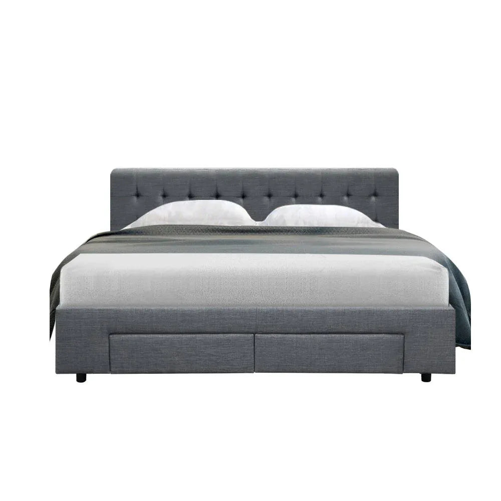 Side view of queen grey bed frame highlighting fabric texture and supportive wooden slats.