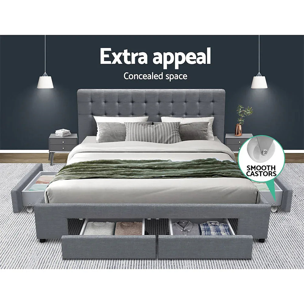 Grey fabric upholstered bed frame headboard with soft padding and tufted button design.