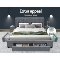 Grey fabric upholstered bed frame headboard with soft padding and tufted button design.
