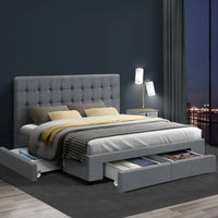Grey queen bed frame fully assembled with tufted headboard and elegant fabric finish.