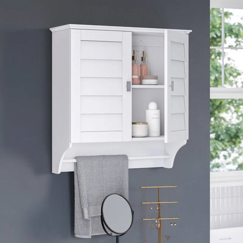 Wall Mounted Bathroom Medicine Cabinet with Louver Doors and Towel Bar in White