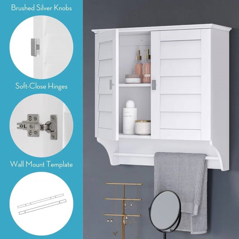 Wall Mounted Bathroom Medicine Cabinet with Louver Doors and Towel Bar in White