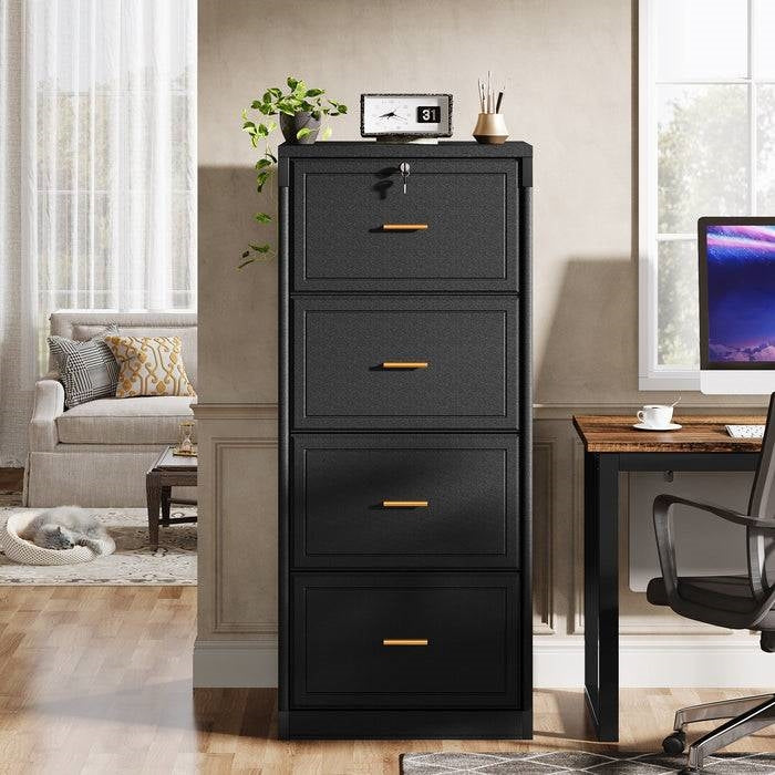 Vertical File Cabinet in Black Wood Finish with 4 Lockable Storage Drawers