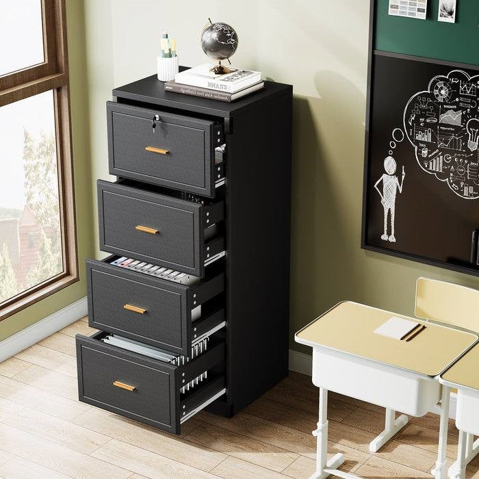 Vertical File Cabinet in Black Wood Finish with 4 Lockable Storage Drawers