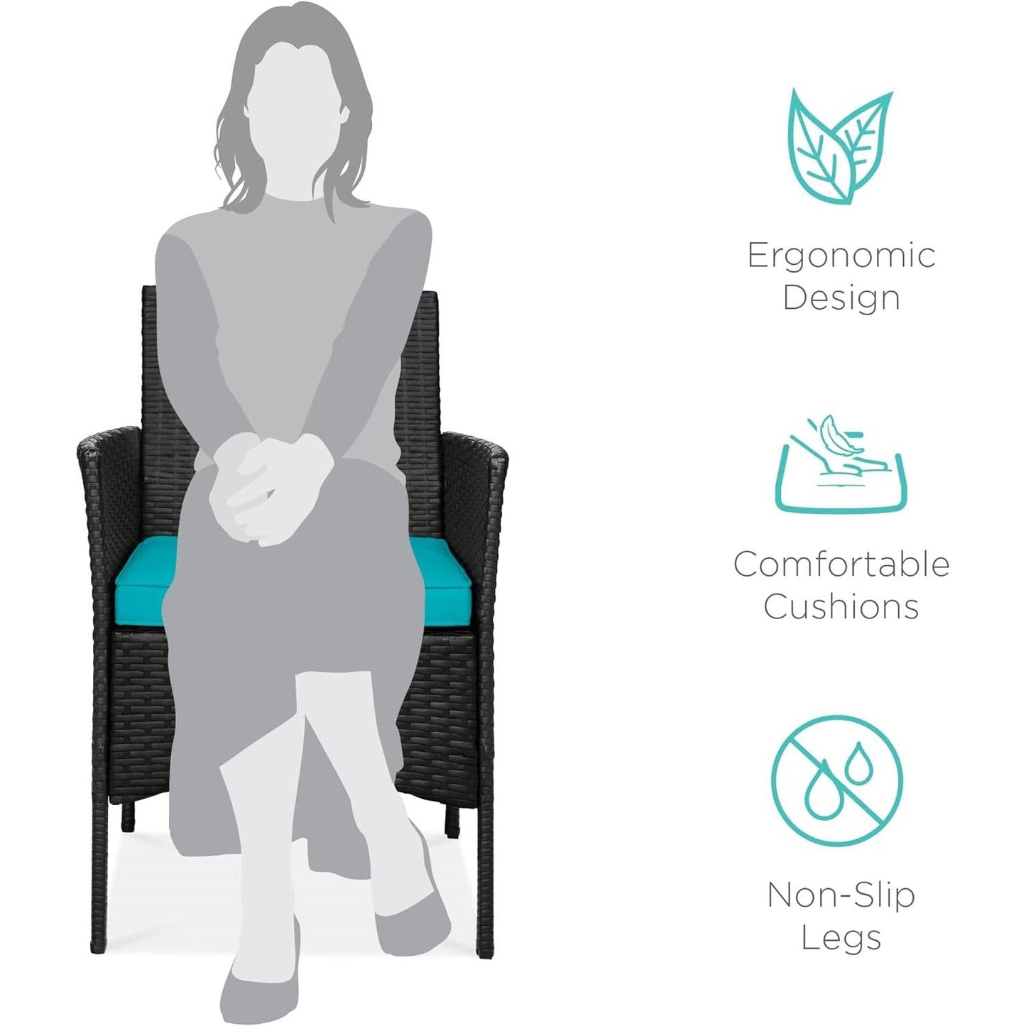 3-Piece Black PE Wicker Outdoor Dining Patio Furniture Set w/ Teal Blue Cushions