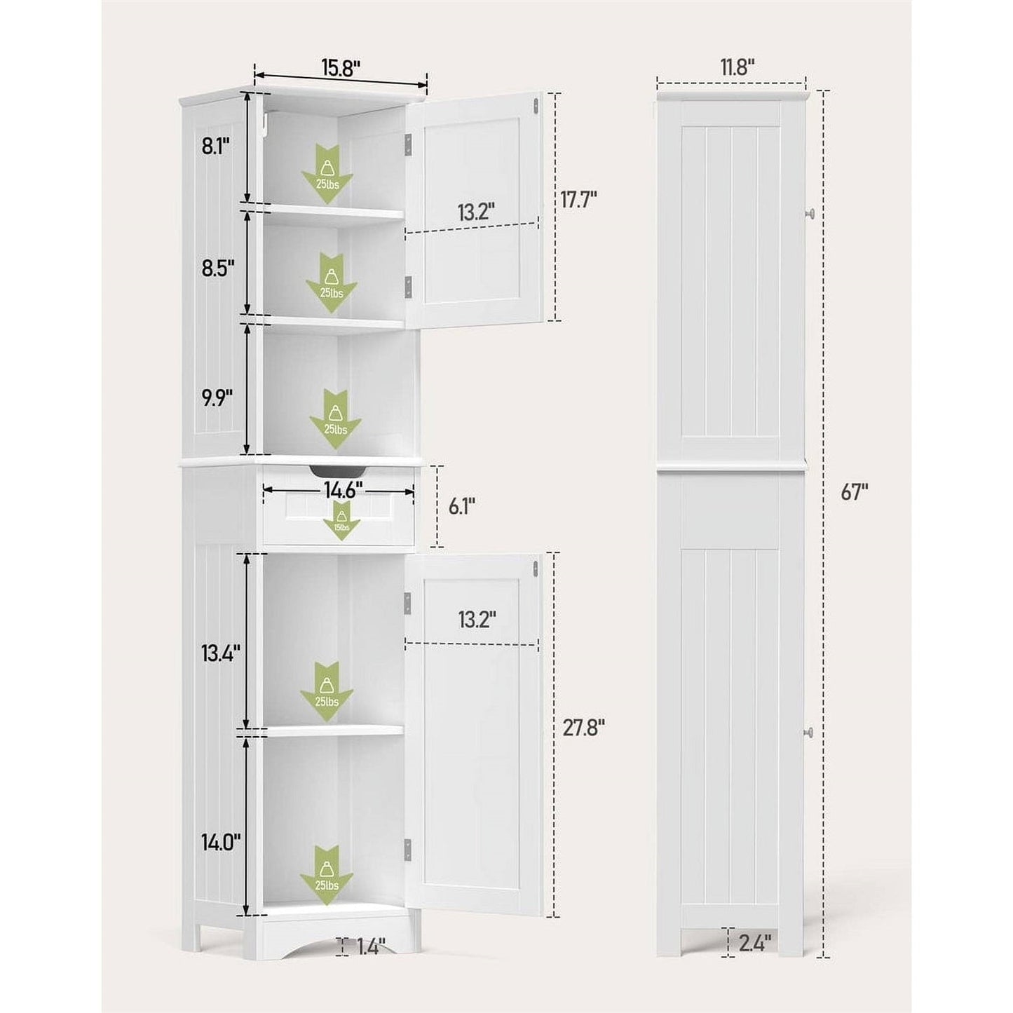 White Bathroom Linen Cabinet Tower with 2 Doors Storage Drawer and Shelf