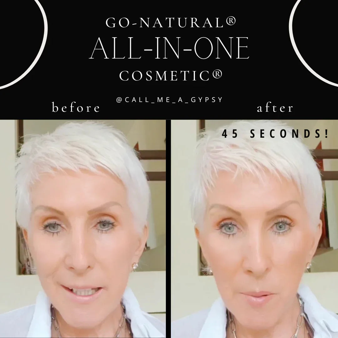 Before and after photos of skin using GO NATURAL All-In-One Cosmetic for natural makeup look.