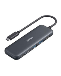 Close-up of refurbished black Anker USB-C hub showing front ports and sleek compact design.