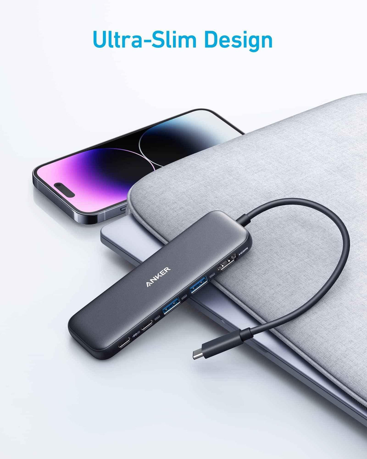 Black refurbished Anker USB-C hub shown from above focusing on USB ports.