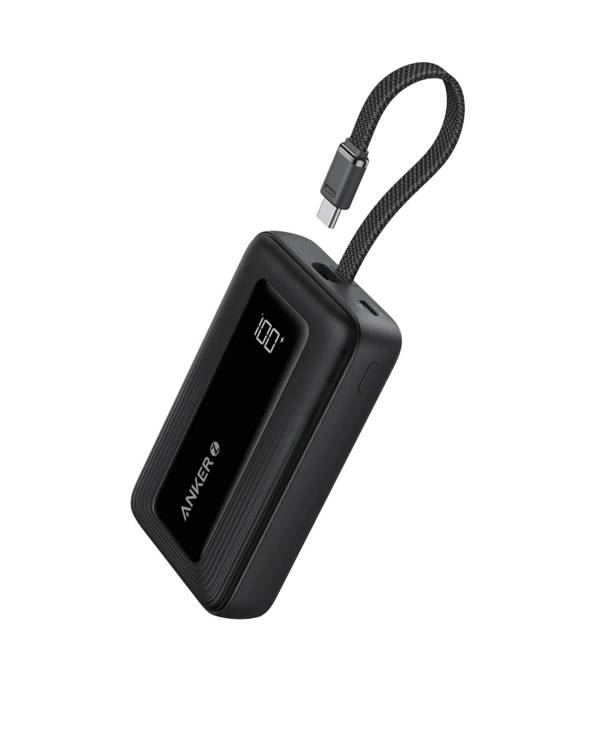 Black Anker Zolo 10,000mAh power bank with built-in 5.4-inch USB-C cable on white background