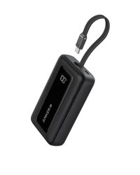 Black Anker Zolo 10,000mAh power bank with built-in 5.4-inch USB-C cable on white background