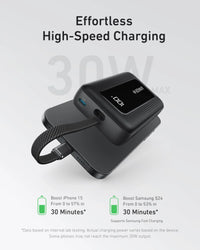 Anker Zolo power bank front view showing compact rectangular shape and integrated USB-C cable