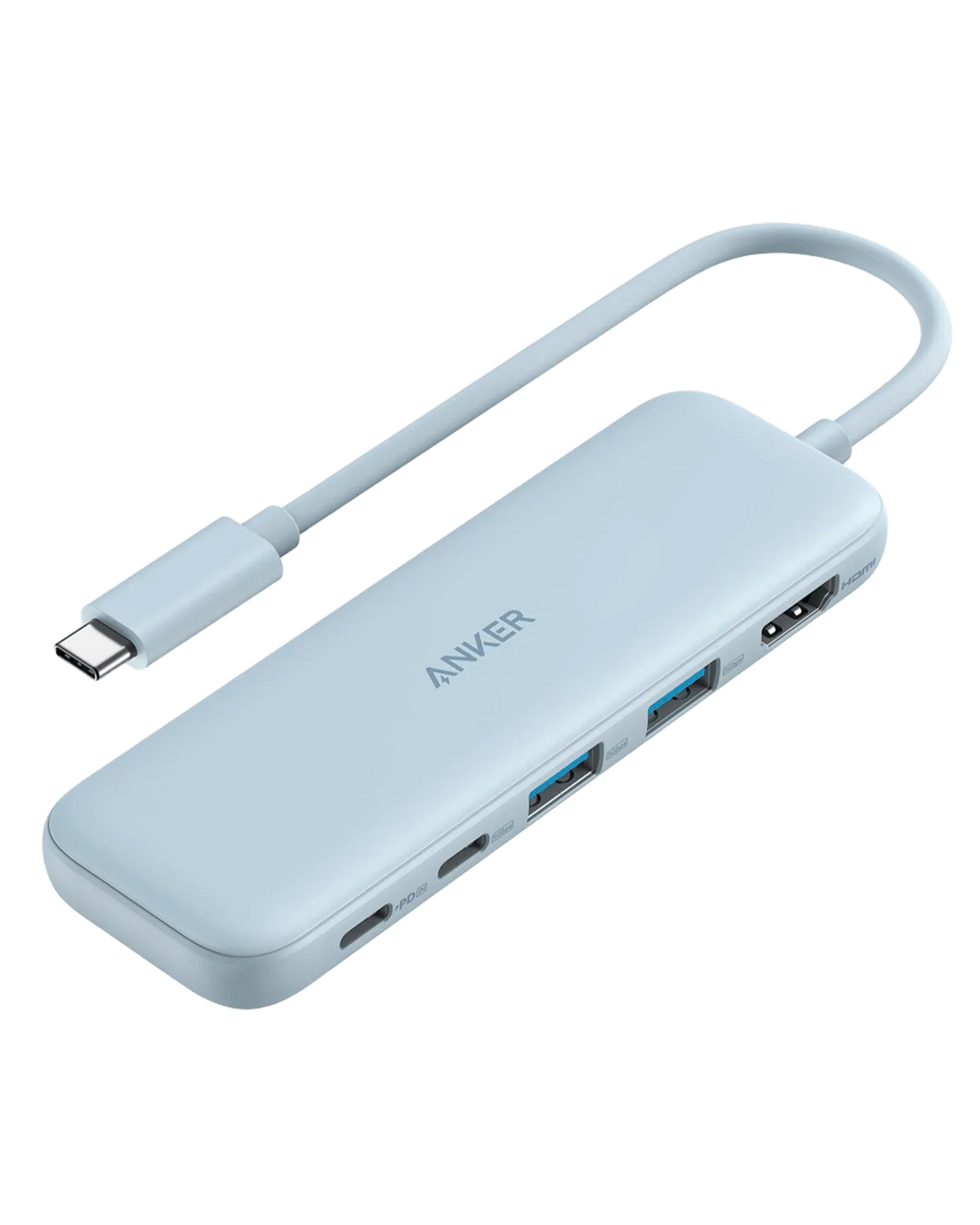 Blue version of refurbished Anker USB-C hub displayed on white background.