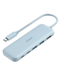 Blue version of refurbished Anker USB-C hub displayed on white background.