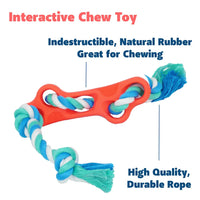 Blue rubber bone dog chew toy with attached rope, highlighting interactive play benefits.