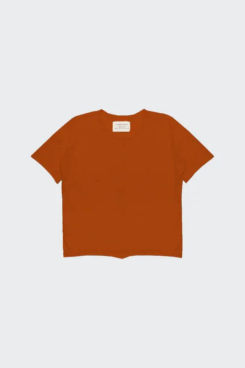Flat lay of burnt orange gender neutral short sleeve kids' top with subtle texture.