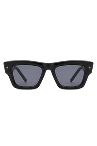 Close-up of retro cat eye square sunglasses with dark lenses on white background.