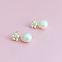 Front view of Blooming Freshwater Pearl Drop Earrings showing pearl circle and single drop.