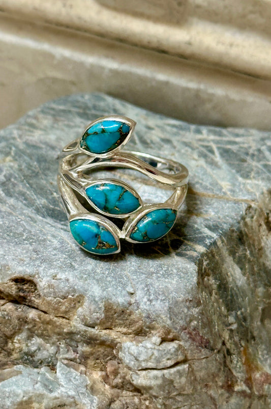 Four Stone Blue Copper Turquoise Sterling Silver Ring Size 7